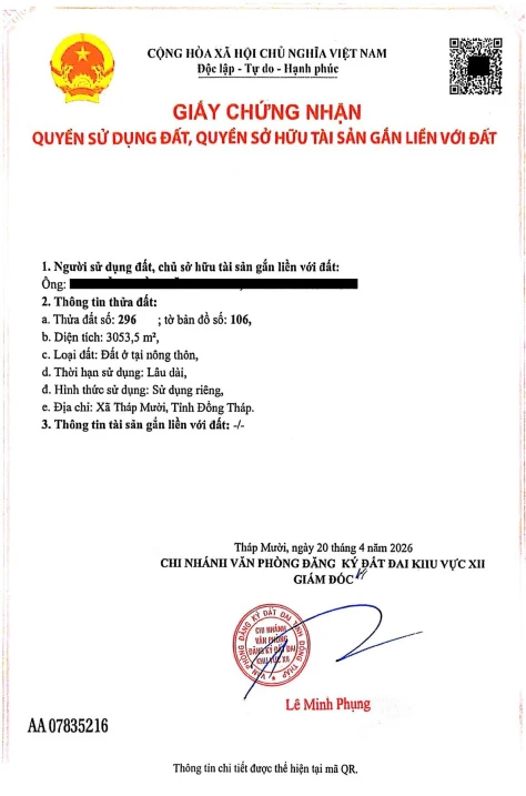 Bán đất tại Xã Mỹ Hòa, Tháp Mười, Đồng Tháp, 16 tỷ, 3053,5 m2 - Ảnh 1