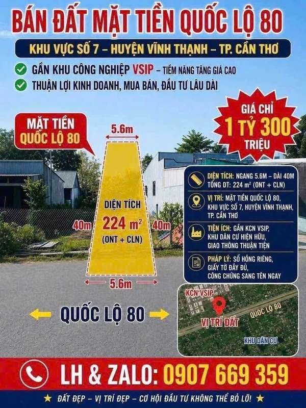 Bán đất nền mặt tiền Quốc lộ 80, 5,6x40m, giá 1,3 tỷ, Xã Vĩnh Thạnh, Cần Thơ