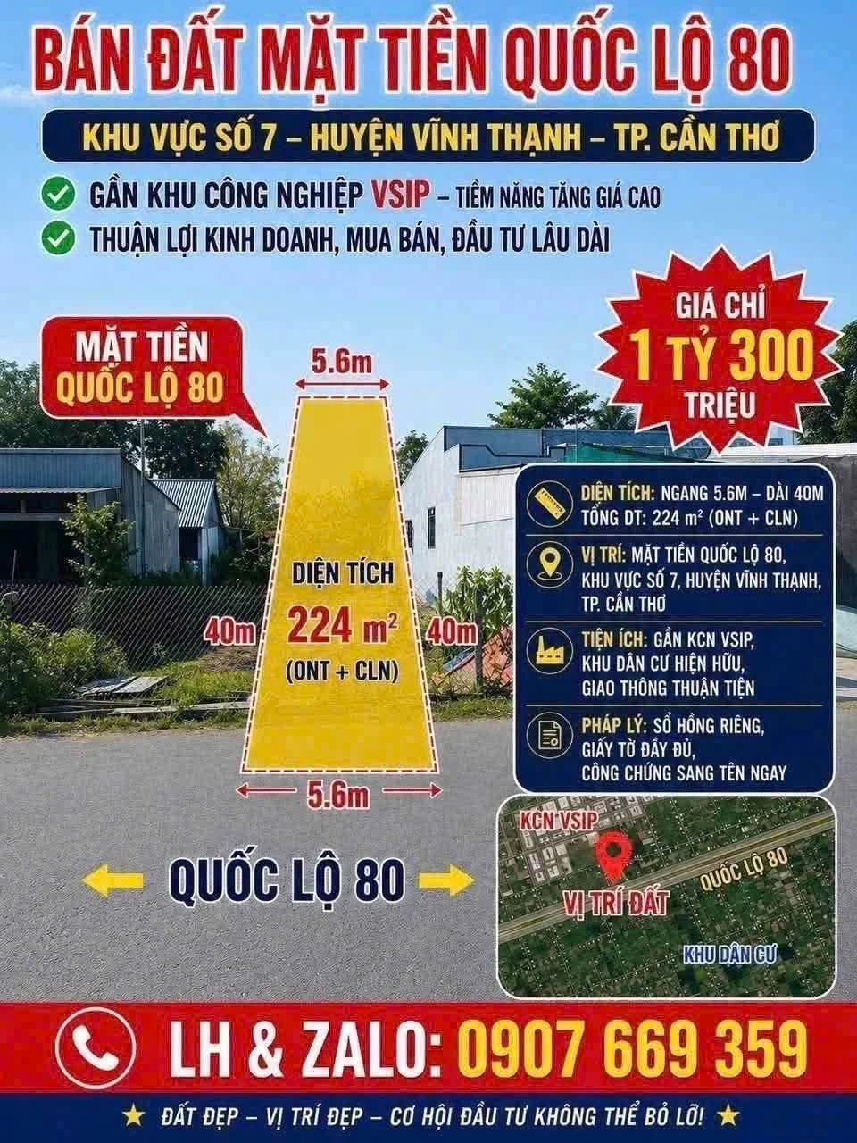 Bán đất nền mặt tiền Quốc lộ 80, 5,6x40m, giá 1,3 tỷ, Xã Vĩnh Thạnh, Cần Thơ - Ảnh 1