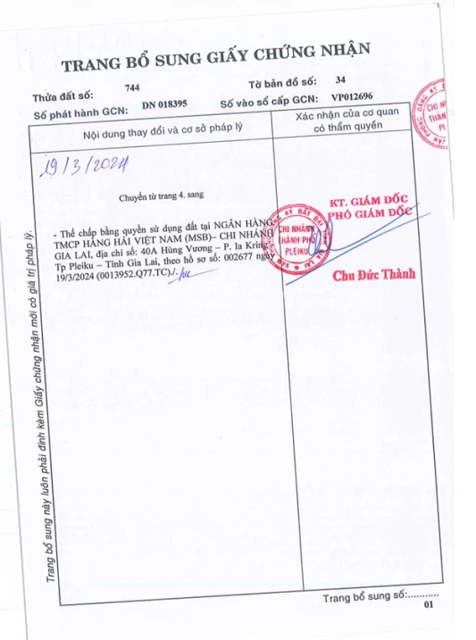 Bán QSDĐ và TS gắn liền với đất thuộc thửa 744, TBĐ 34, P. Thắng lợi, TP. Pleiku, T. Gia Lai
