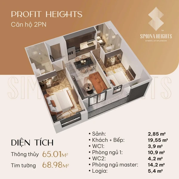 Bán căn hộ 2PN 68m² view biển Simona Heights Quy Nhơn, giá từ 2,9 tỷ
