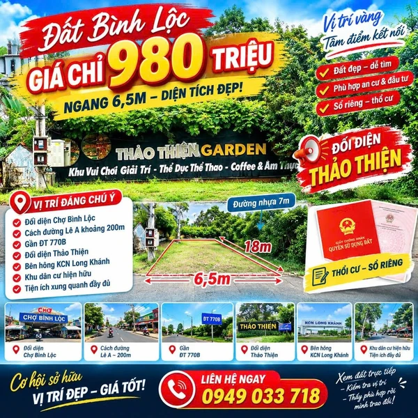 Bán đất Bình Lộc 117m² ngang 6,5m giá 980 triệu