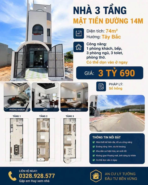 Bán nhà 74m2 3PN 3WC sổ hồng, khu tái định cư sau Viện Sốt Rét, Quy Nhơn Bắc