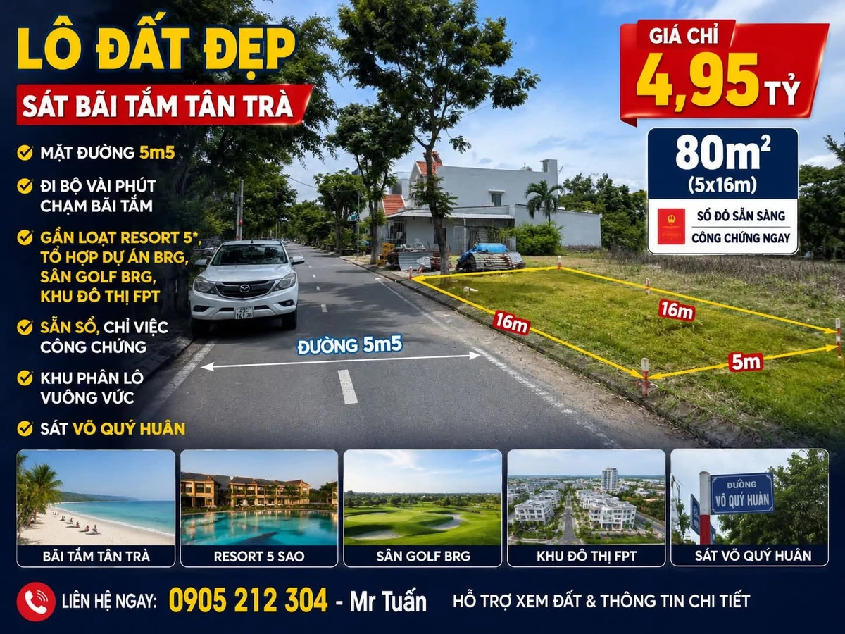 Bán đất 80m2 gần bãi tắm Tân Trà, Võ Quý Huân, Đà Nẵng, giá 4,95 tỷ - Ảnh 1