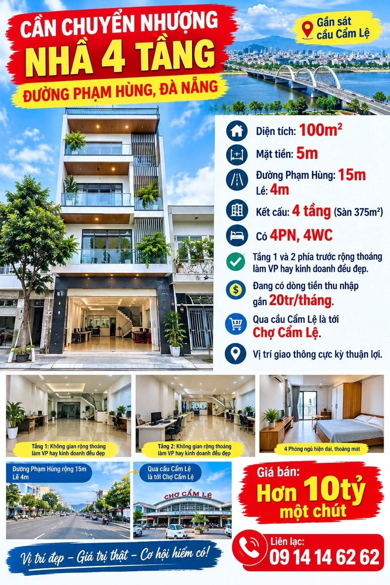 Bán nhà 4 tầng mặt tiền đường Phạm Hùng, gần cầu Cẩm Lệ, Đà Nẵng, 100m2 - Ảnh 1
