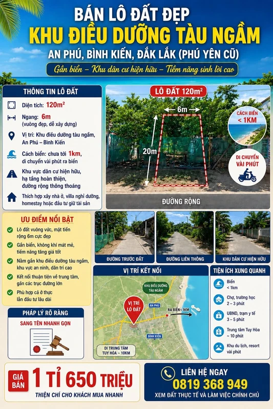 Bán lô đất 120m² gần biển An Phú, Phú Yên 1.65 tỷ