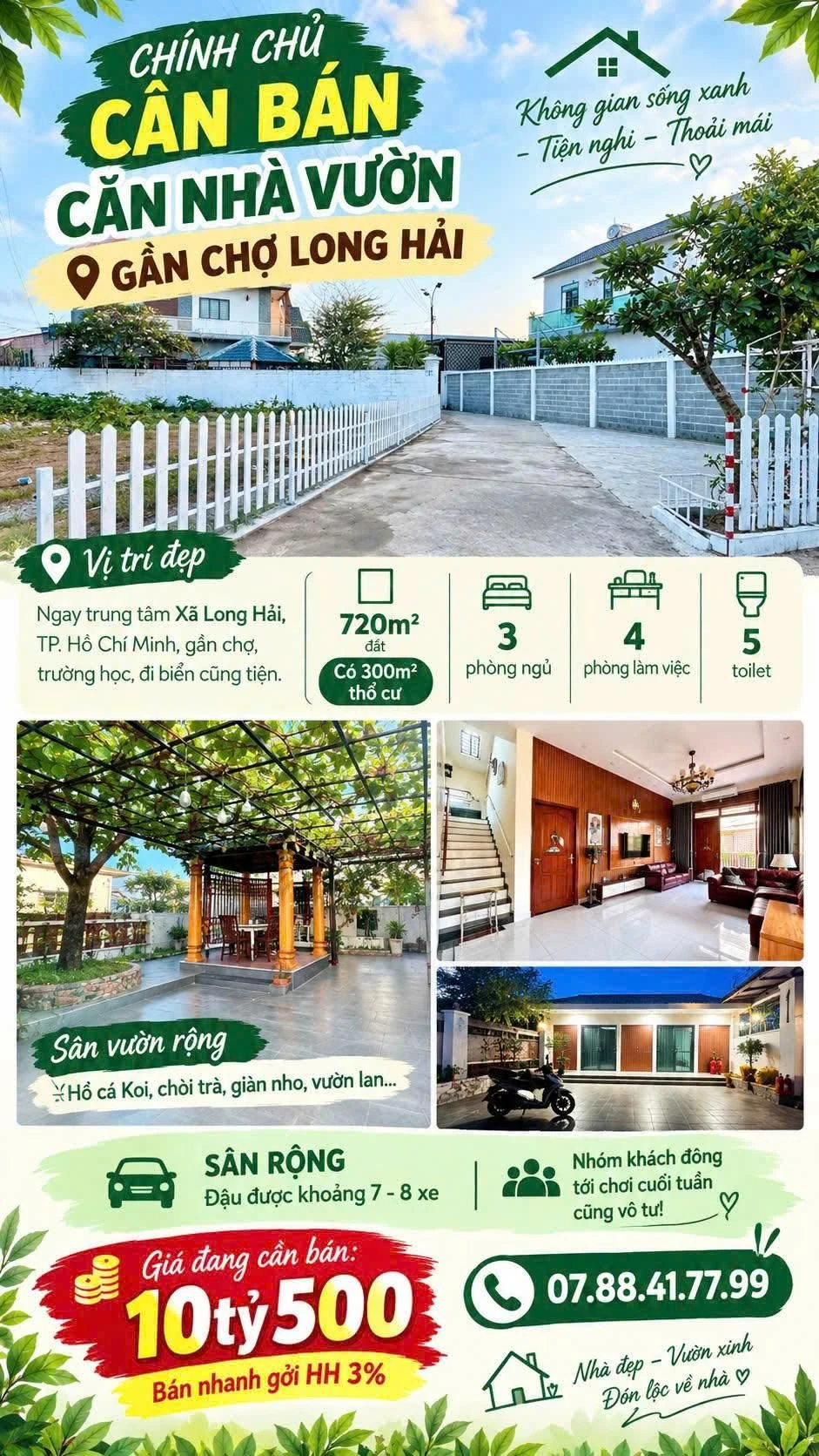 Bán nhà vườn 720m2 gần chợ Long Hải, 3 phòng ngủ, giá 10,5 tỷ - Ảnh 1