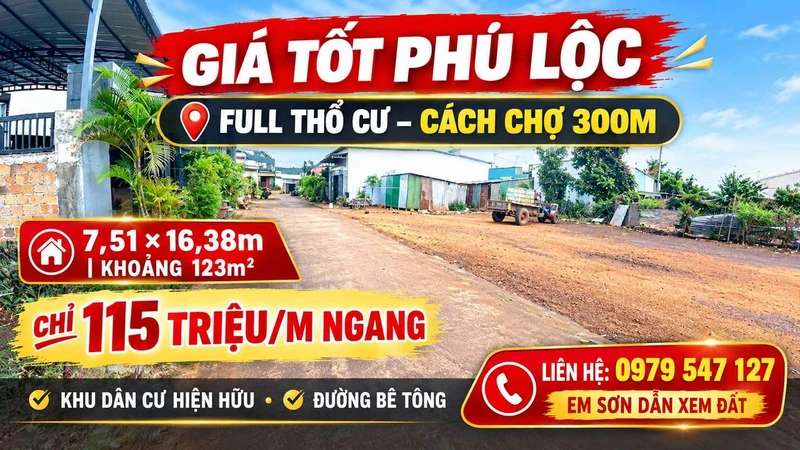 Đất bán Phú Lộc 123m² thổ cư 100% gần chợ Đắk Lắk