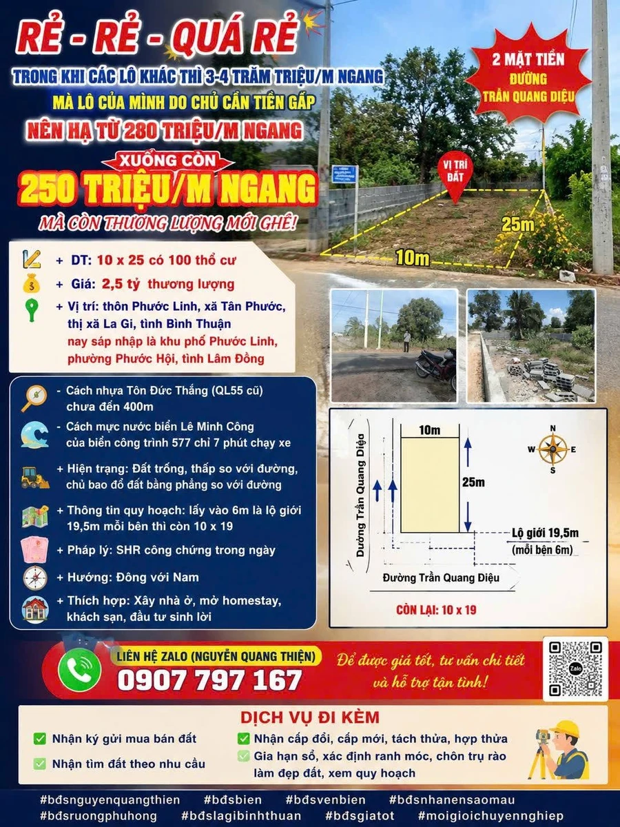 Bán đất 100m² mặt tiền Trần Quang Diệu, La Gi, Bình Thuận - 2,5 tỷ - Ảnh 1