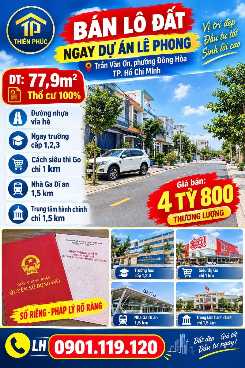Bán đất thổ cư 77,9m2 đường Trần Văn Ơn, phường Đông Hòa (Dĩ An cũ), giá 4,8 tỷ - Ảnh 1
