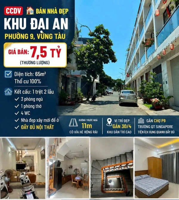 Bán nhà 1 trệt 2 lầu 65m² khu Đại An, Phường 9, Vũng Tàu, giá 7,5 tỷ