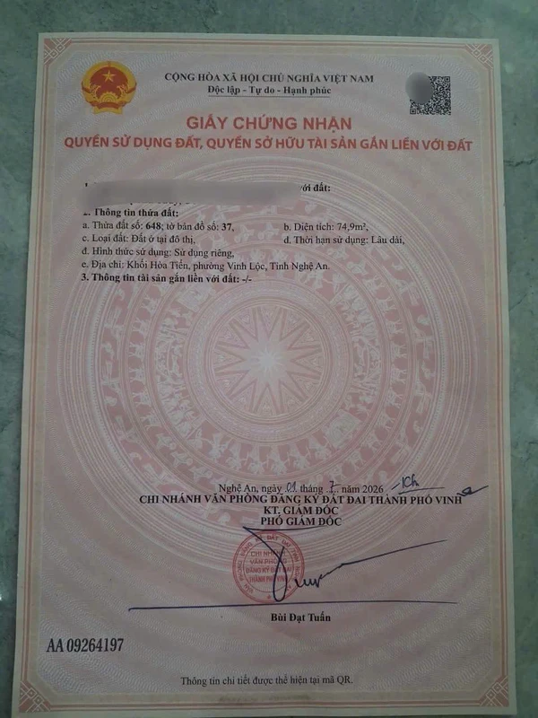 Bán lô đất kèm nhà cấp 4, 74.9m², Hoàng Văn Bá, Vinh Lộc