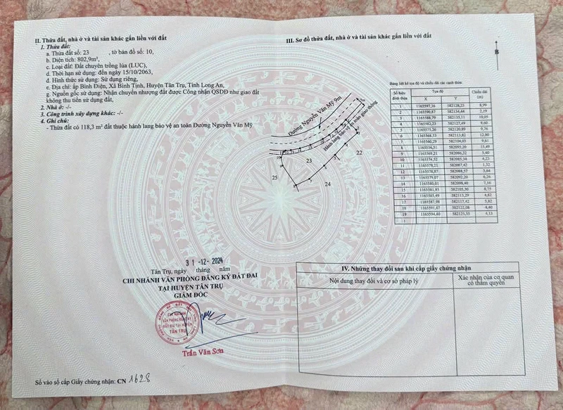 Bán đất mặt tiền đường Nguyễn Văn Mỹ, Tân Trụ, diện tích 800m2, giá 1,3 tỷ