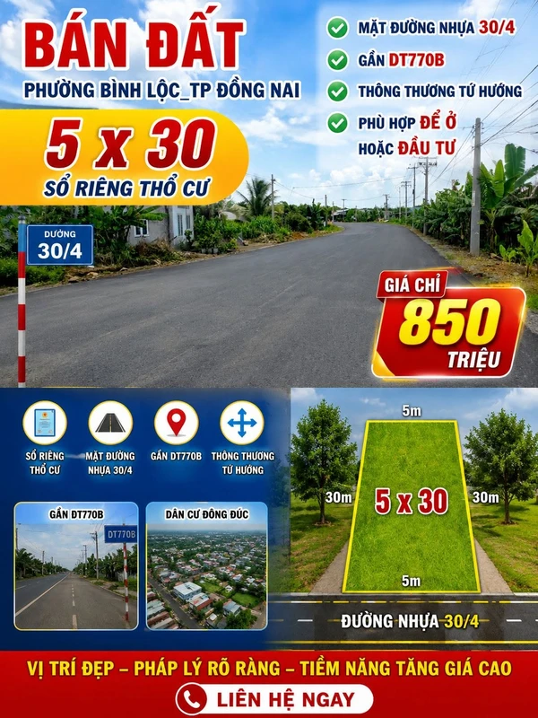 Bán đất mặt tiền 30/4, Bình Lộc, Đồng Nai, 150m², 850 triệu