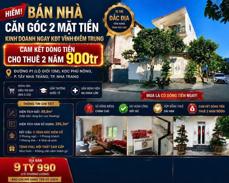 Bán nhà góc mặt tiền 88.9m² 3 tầng ở Nha Trang, giá 9.99 tỷ