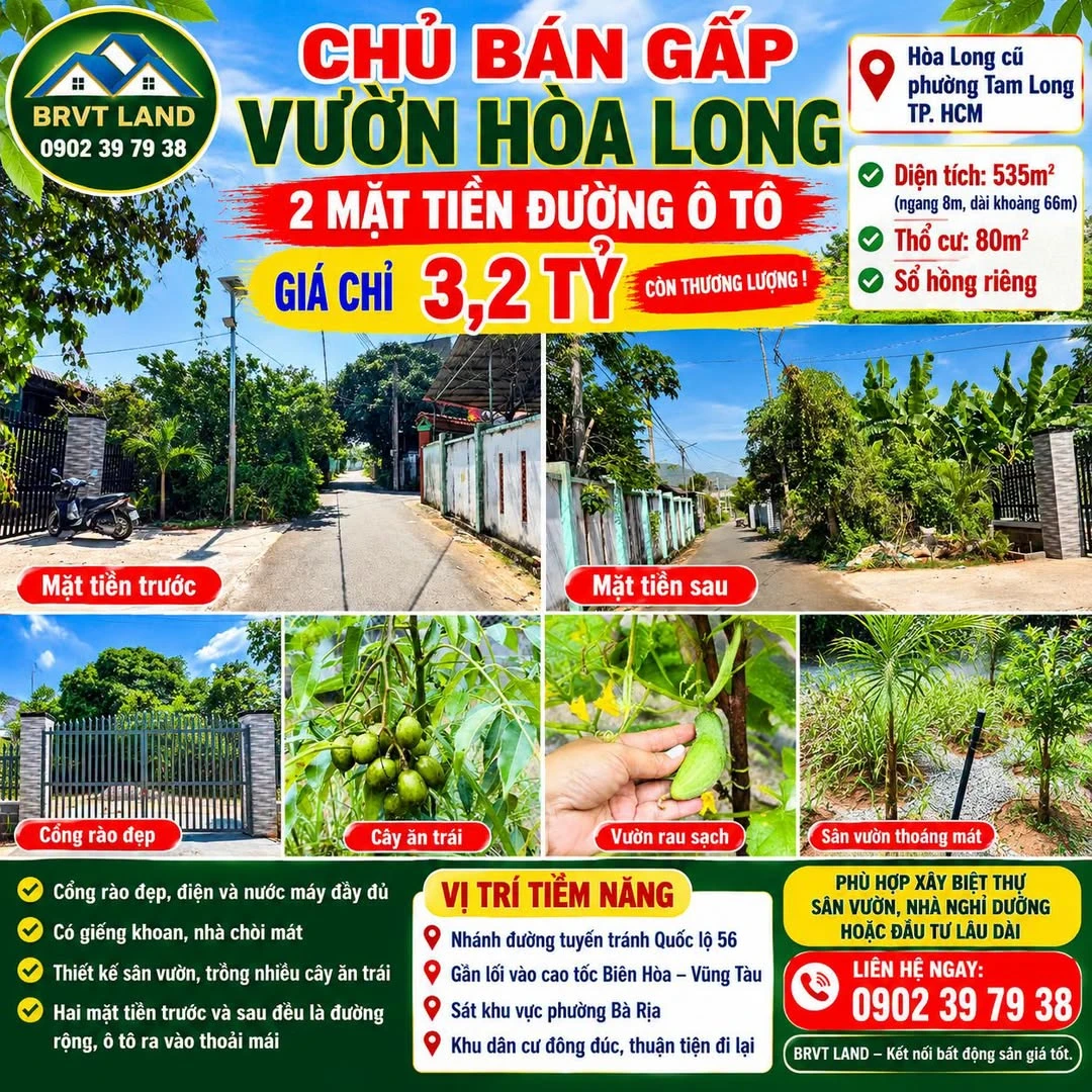 Bán vườn Hòa Long 535m² hai mặt tiền ô tô, 3,2 tỷ - Ảnh 1