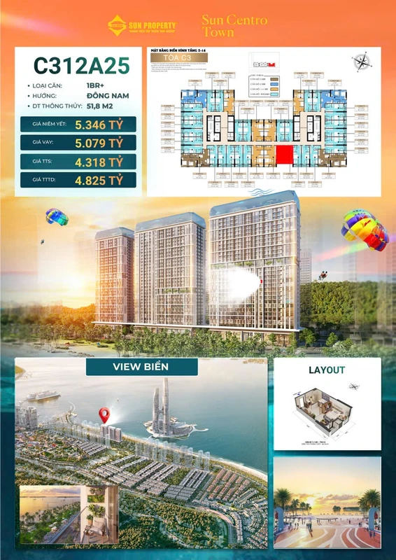 Bán căn 1PN+ Sun Centro Town 51,8m² view biển 4,318 tỷ Bãi Cháy