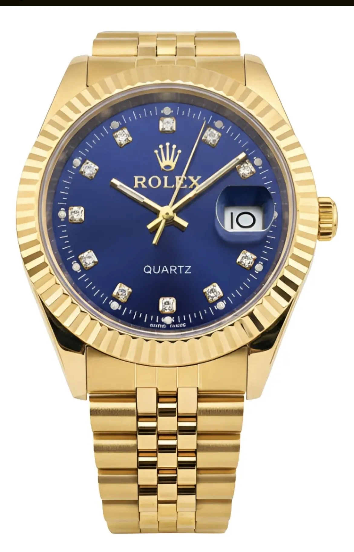 Reloj Dorado Rolex Quartz con Dial Azul y Detalles de Diamantes