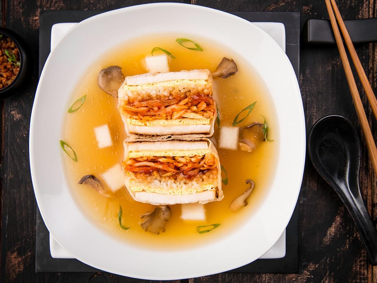 Layered Chicken Teriyaki Tempura Roll in Broth