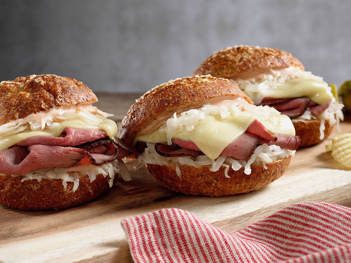 Reuben Sliders on Pretzel Rolls