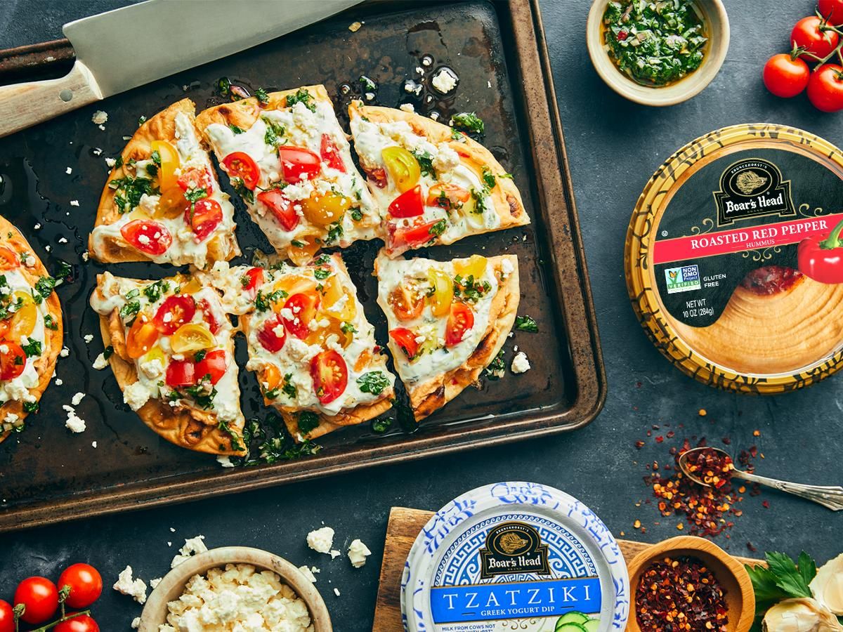 Roasted Red Pepper Hummus & Tzatziki Flatbread