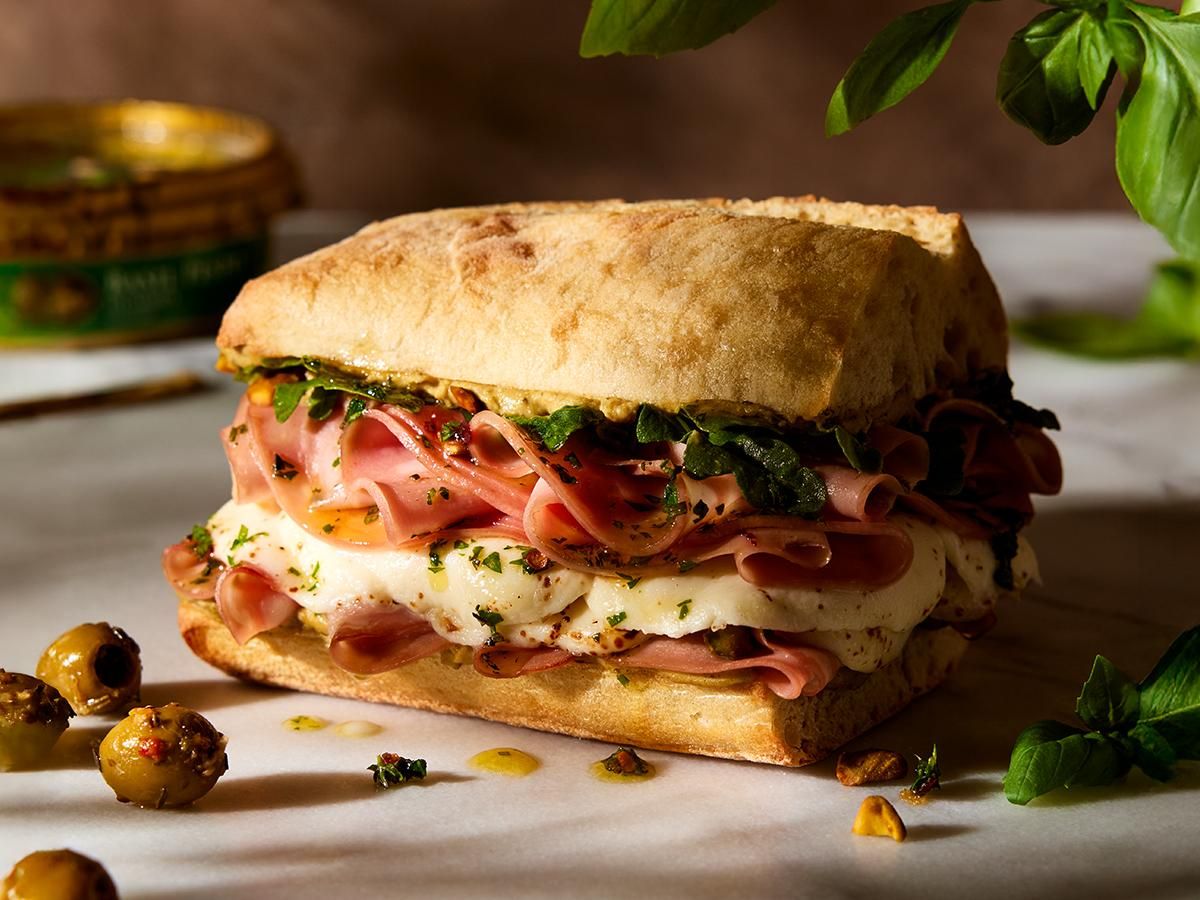 Basil Pesto Hummus & Mortadella Sandwich