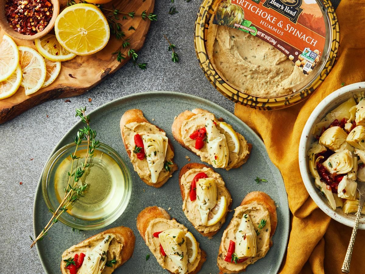 Fire Roasted Artichoke & Spinach Hummus Crostini