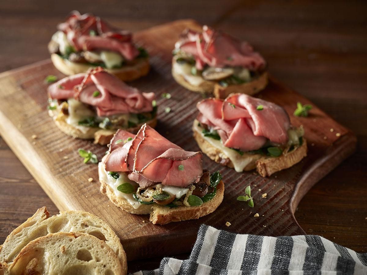 London Broil Roast Beef, Switzerland Swiss® Cheese & Roasted Mushroom Crostini