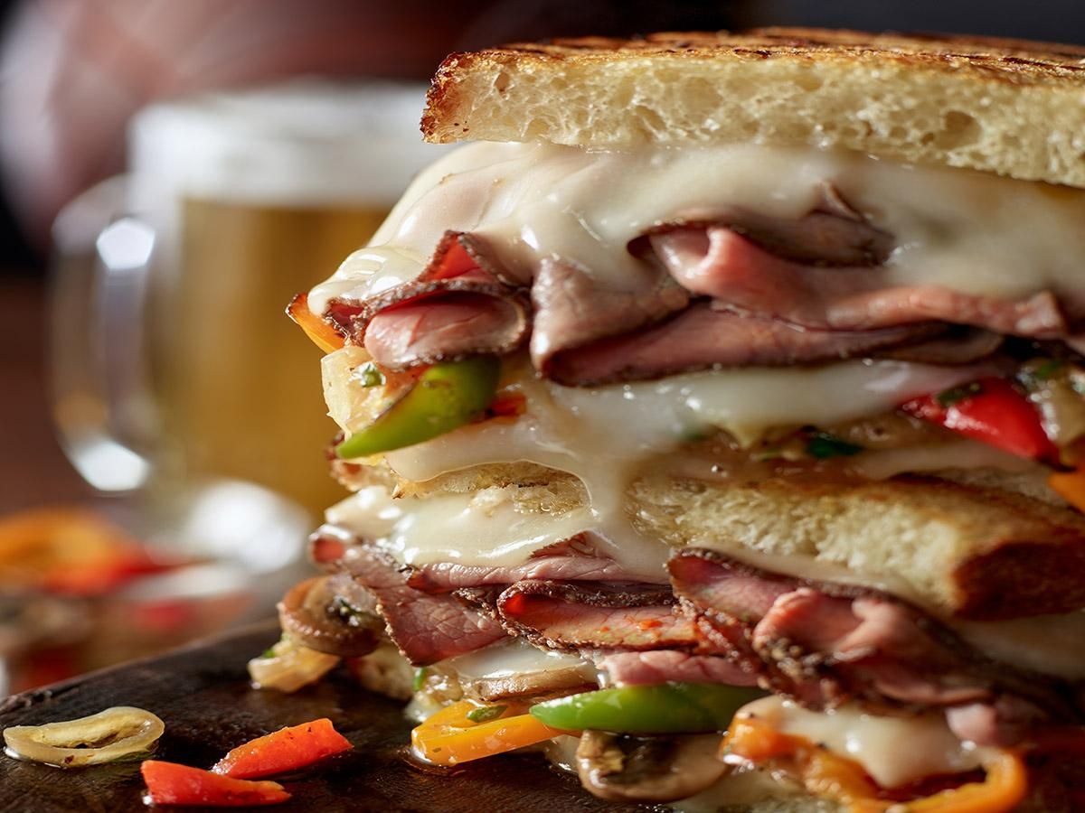 Grilled London Broil Roast Beef, Provolone Cheese & Caramelized Vegetable Sandwich
