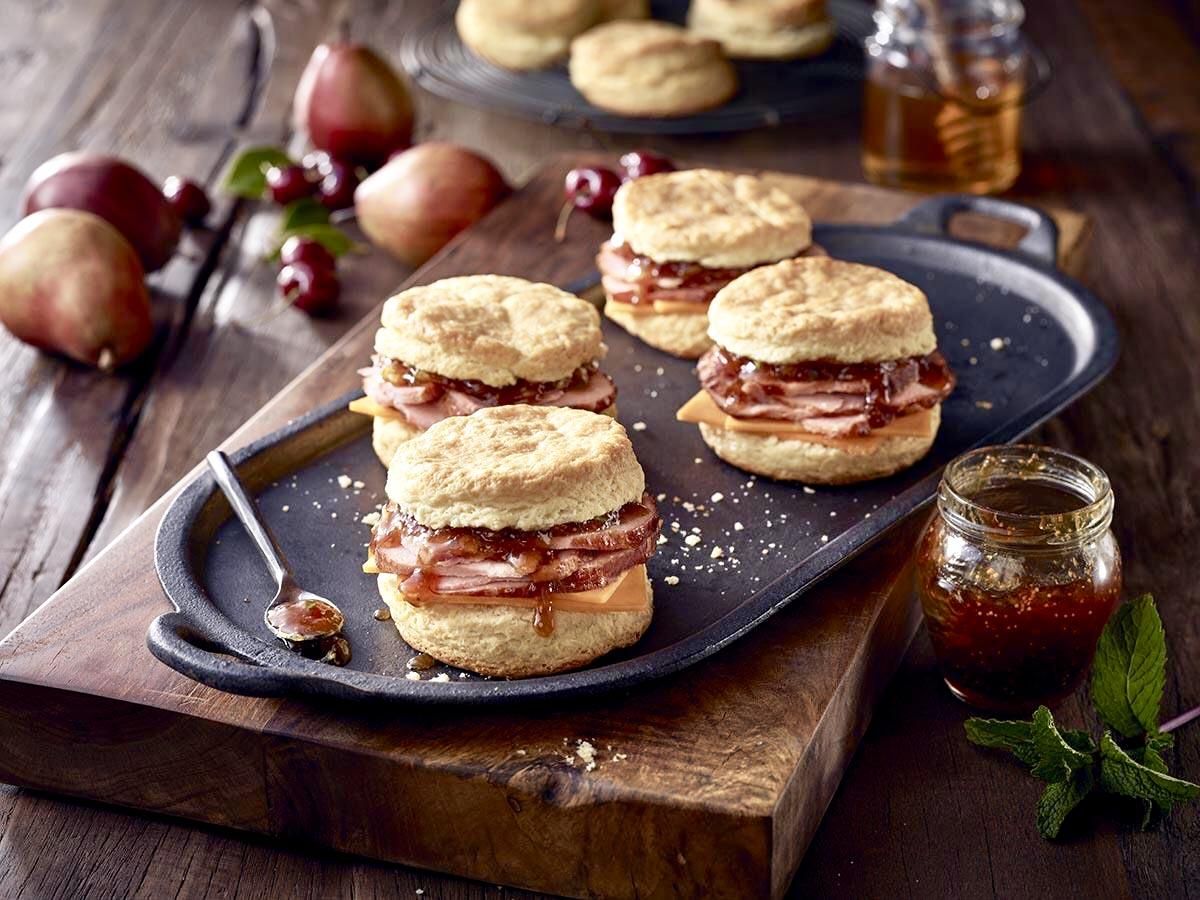 Bold BourbonRidge® Uncured Smoked Ham and Cheddar Biscuits with Fig Jam