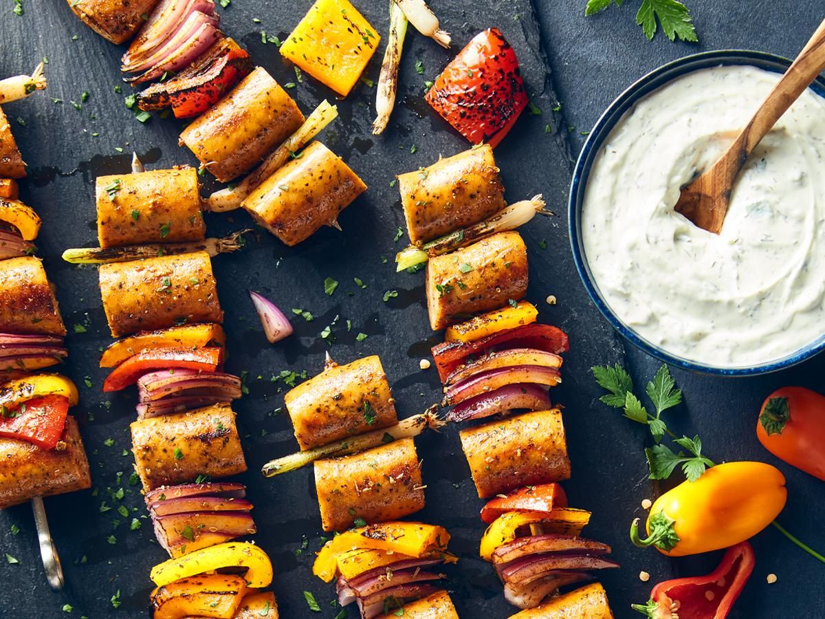Mediterranean Chicken Sausage Kebabs with Tzatziki Greek Yogurt Dip